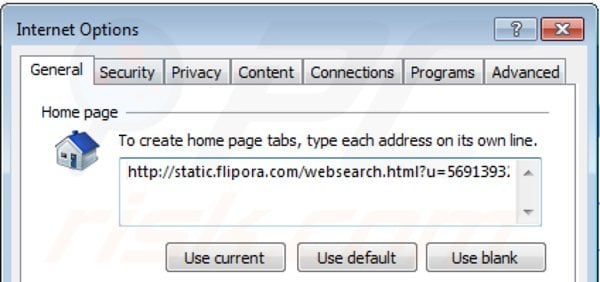 Remova static.flipora.com da página inicial do Internet Explorer