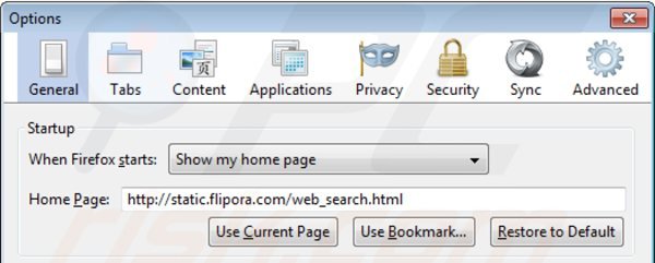 Remova static.flipora.com da página inicial do Mozilla Firefox