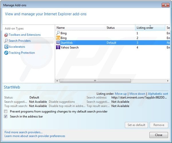 Remova start.iminent.com do motor de busca padrão do Internet Explorer