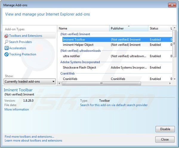Remova Iminent toolbar das extensões do Internet Explorer