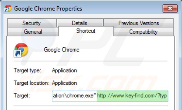 Remover o vírus key-find.com do atalho do Google Chrome passo 2