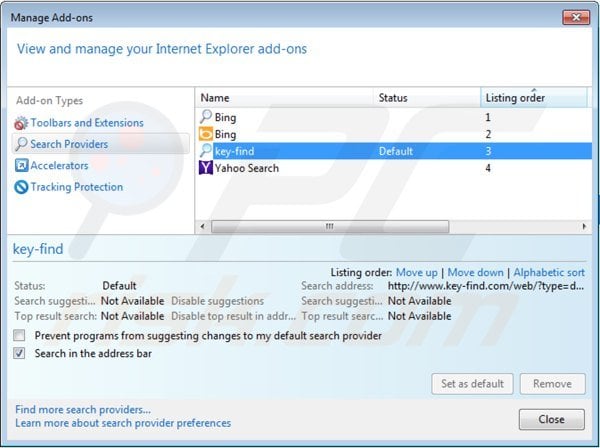 Remova vírus key-find.com das definições do motor de busca padrão do Internet Explorer