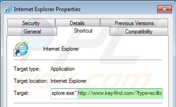 Remova vírus key-find.com do atalho Internet Explorer passo 2