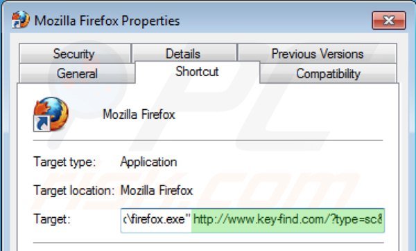 Remova vírus key-find.com do atalho do Mozilla Firefox passo 2