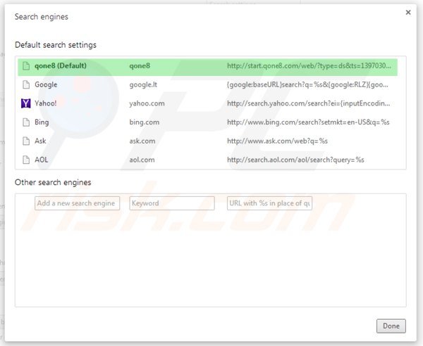 Remova start.qone8.com das configurações do motor de busca padrão do Google Chrome 