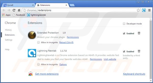 Remova qone8.com das extensões relacionadas com Google Chrome