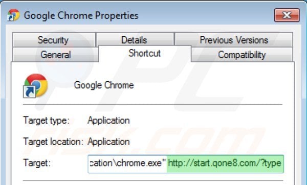 Remova start.qone8.com do atalho do Google Chrome passo 2