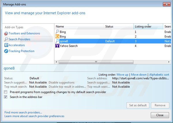 Remova start.qone8.com das configurações do motor de busca padrão do Internet Explorer