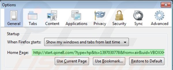 Remova o vírus start.qone8.com do página inicial do Mozilla Firefox