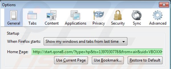Remova o vírus start.qone8.com do página inicial do Mozilla Firefox