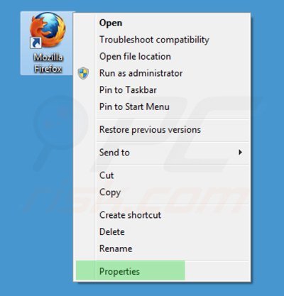 Remova o vírus start.qone8.com do atalho de Mozilla Firefox passo 1