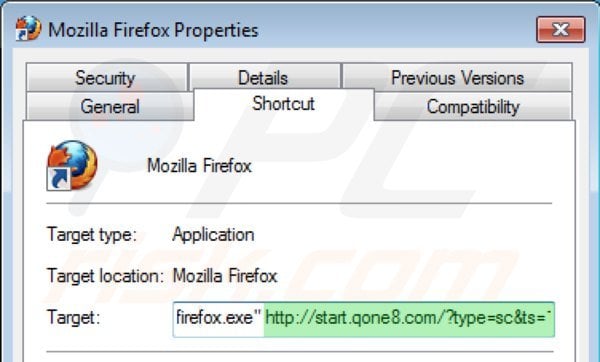 Remova o vírus start.qone8.com do atalho de Mozilla Firefox passo 2