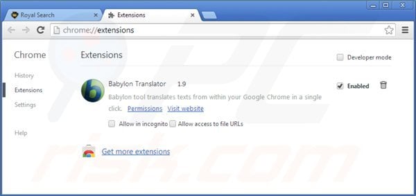 Remova Royal-search toolbar das extensões do Google Chrome