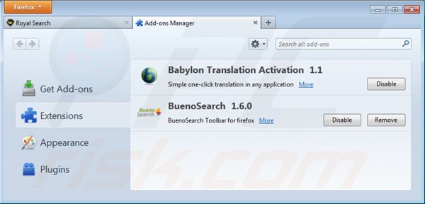 Remover Royal-search toolbar relacionados às extensões do Mozilla Firefox