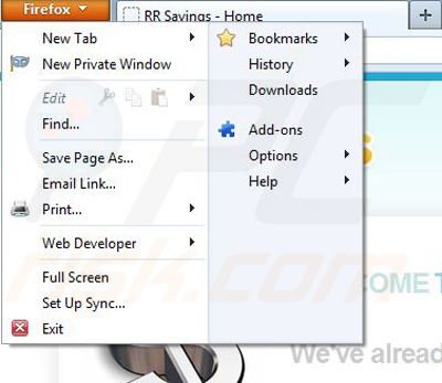 Remova a barra de ferramentas RR Savings do Mozilla Firefox passo 1