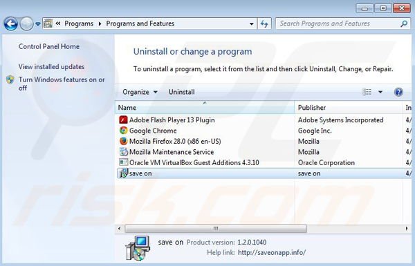 desinstalar o adware save on via Painel de Controlo