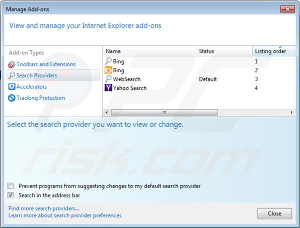 Remova websearch.searchissimple.info das configurações do motor de busca padrão do Internet Explorer