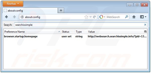 Remova websearch.searchissimple.info das configurações do motor de busca padrão do Mozilla Firefox