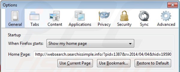 Remova websearch.searchissimple.info da página inicial do Mozilla Firefox