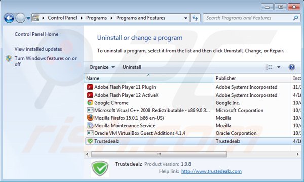 desinstalar trustedealz via Painel de Controlo