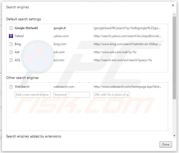 Remover websearch.com das configurações do motor de busca padrão Google Chrome