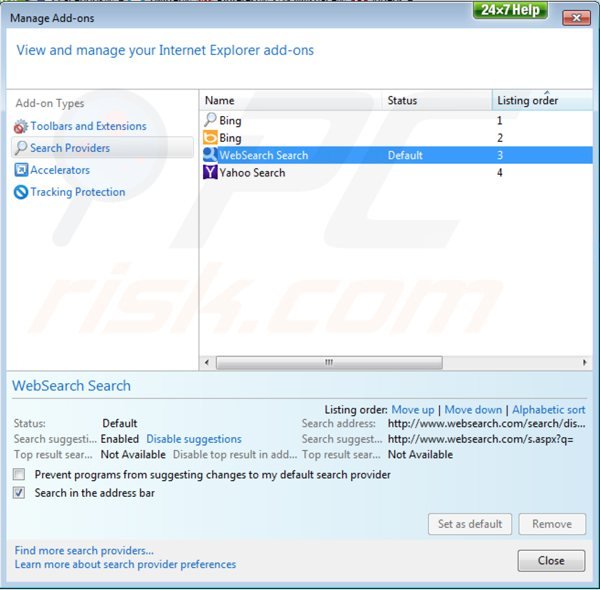 Remover websearch.com das configurações do motor de busca padrão do Internet Explorer