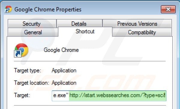 Remova o vírus istart.webssearches.com do Google Chrome do atalho passo 2