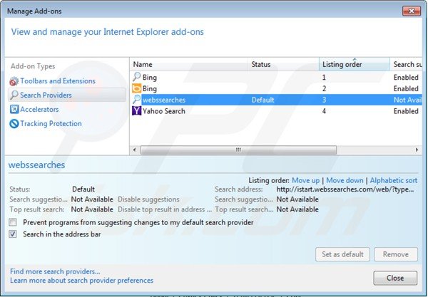 Remova vírus de istart.webssearches.com das definições do motor de busca padrão do Internet Explorer