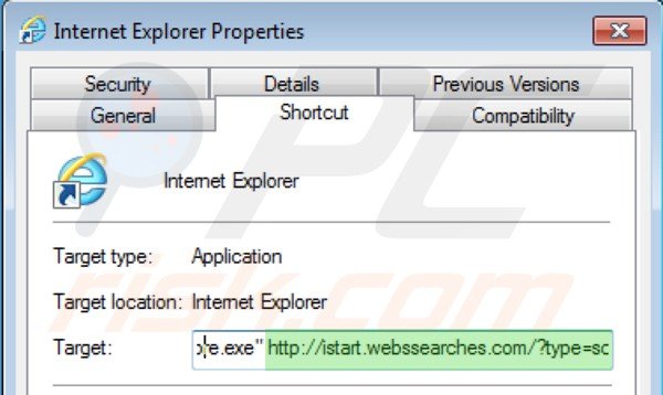 Remova vírus de istart.webssearches.com do Internet Explorer do atalho passo 2