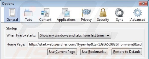 Remova vírus istart.webssearches.com da página inicial do Mozilla Firefox