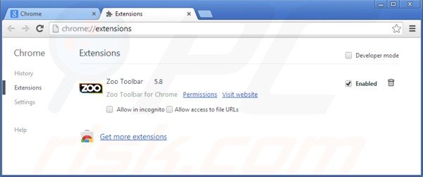 Remova isearch.zoo.com das extensões do Google Chrome