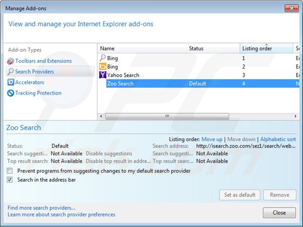 Remova isearch.zoo.com do motor de busca padrão do Internet Explorer