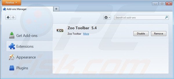 Remova isearch.zoo.com das extensões do Mozilla Firefox