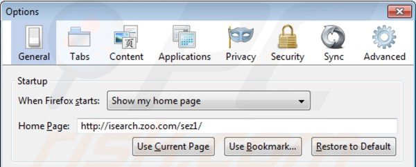 Remova isearch.zoo.com da página inicial de Mozilla Firefox