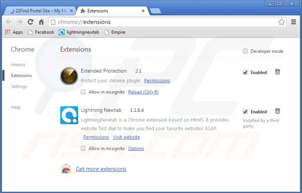 Remova 22find.com das extensões relacionadas com Google Chrome