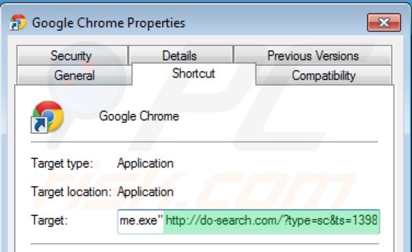 Remova o redirecionamento 22find.com do atalho do Google Chrome passo 2