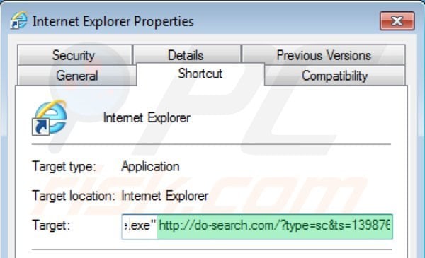 Remova o redirecionamento 22find.com do atalho do Internet Explorer passo 2