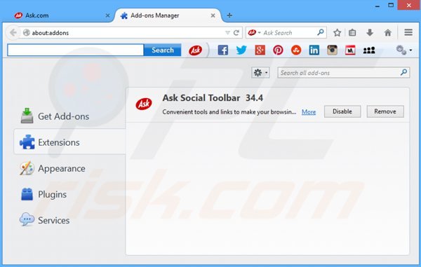 Remova Barra de Ferramentas Ask Social das extensões do Mozilla Firefox