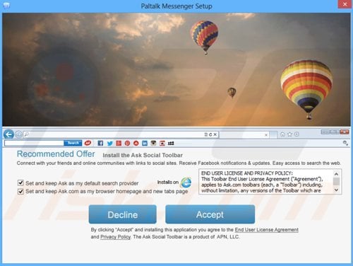O instalador fraudulento do software gratuito usado na Barra de Ferramentas Ask Social pede a distribuição social do sequestrador de navegador