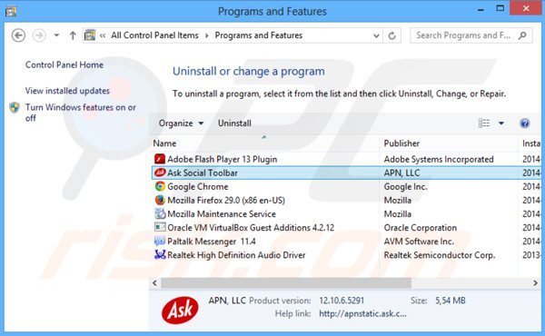 desinstalar a barra de ferramentas ask social via Painel de Controlo