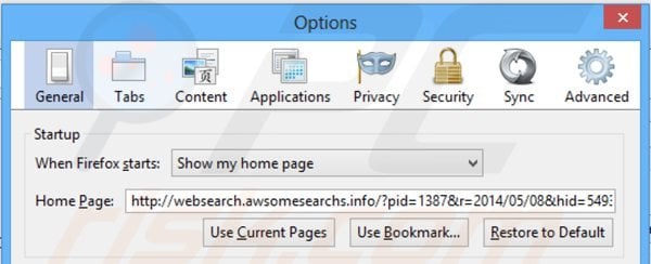 Remova websearch.awsomesearchs.info da página inicial do Mozilla Firefox