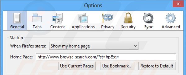 Remova o redirecionamento browse-search.com da página inicial do Mozilla Firefox