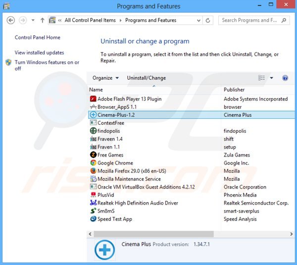 Desinstalar o adware cinema-plus via Painel de Controlo