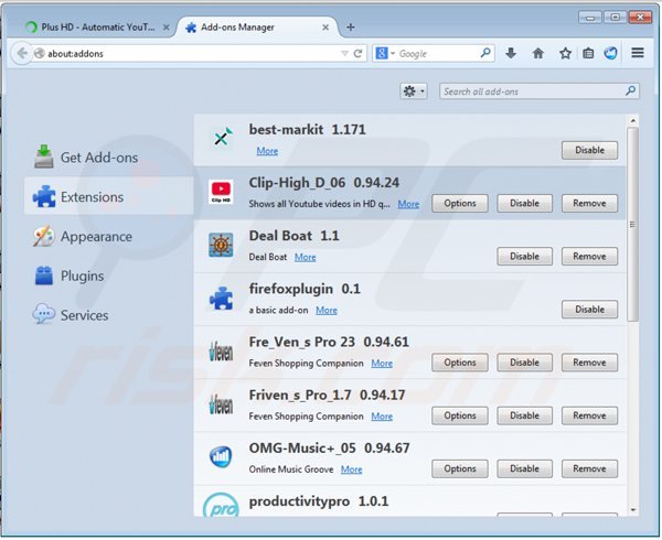 Remova ClipHD do Mozilla Firefox passo 2