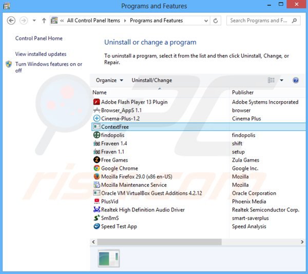 Desinstalar o adware contextfree via Painel de Controlo