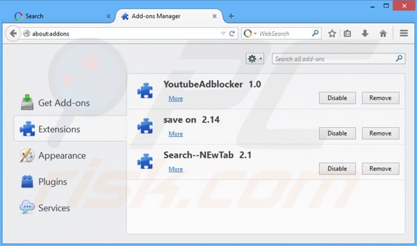 Remova websearch.eazytosearch.info das extensões do Mozilla Firefox