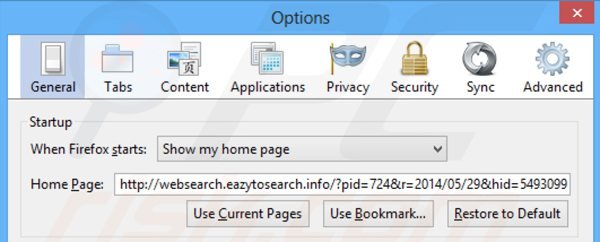 Remova a página inicial de websearch.eazytosearch.info da página inicial do Mozilla Firefox
