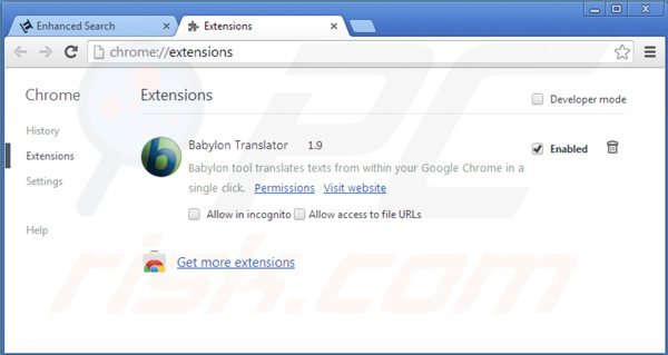 Remova as extensões relacionados com o enhanced-search.com do Google Chrome