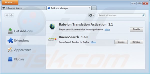 Remova extensões relacionadas enhanced-search.com do Mozilla Firefox