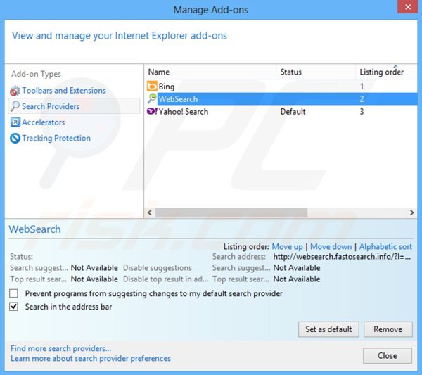 Remoção de websearch.fastosearch.info do motor de busca padrão do Internet Explorer